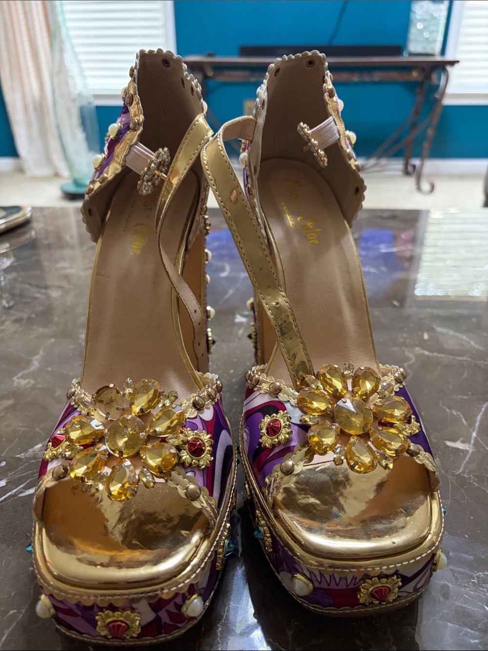 Chase + Chloe Gold and Purple Jeweled Platform Sandals